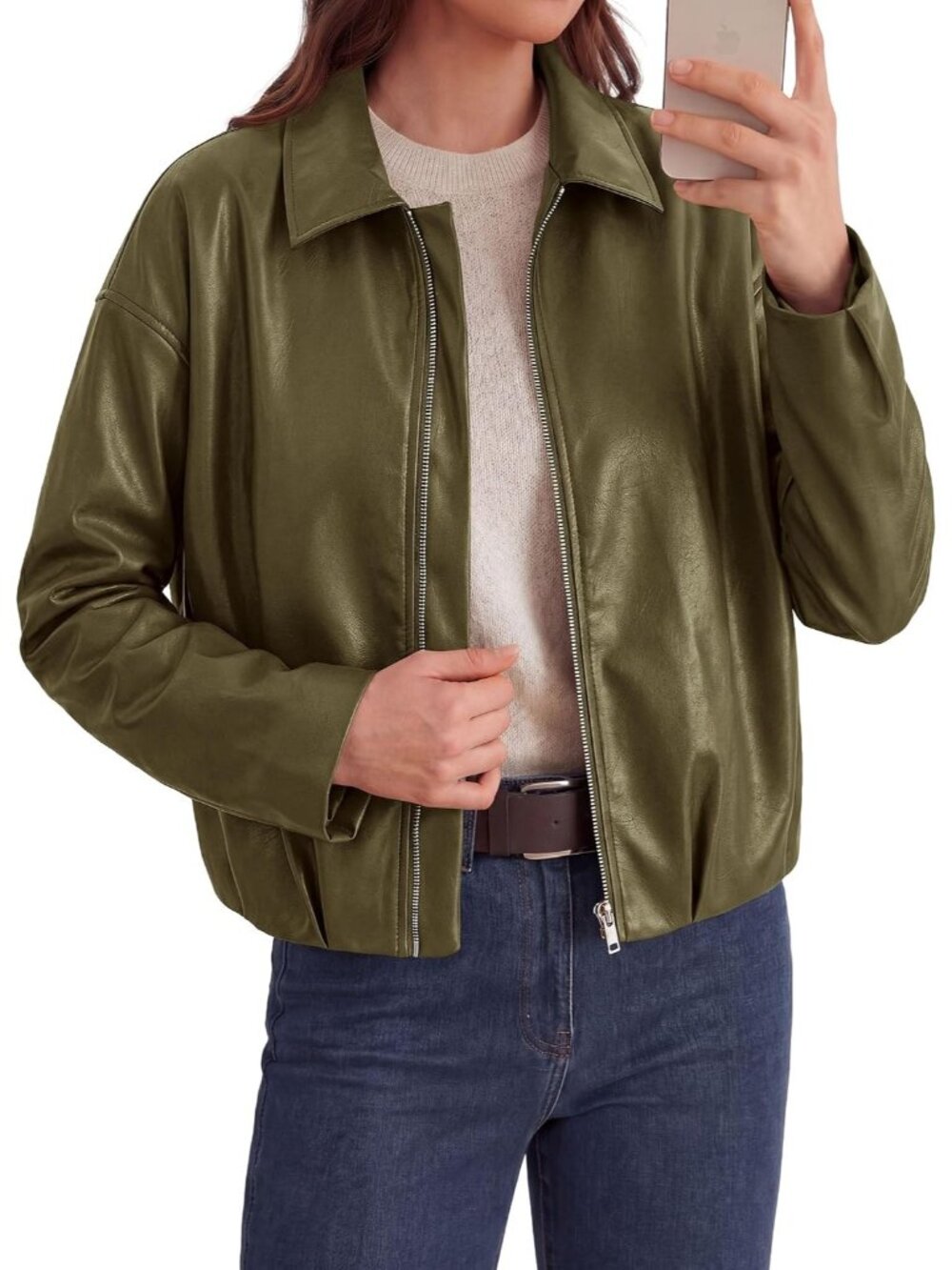 Women's Army Green Faux Leather Motorcycle Jacket Cropped Zip Up Collared Coat